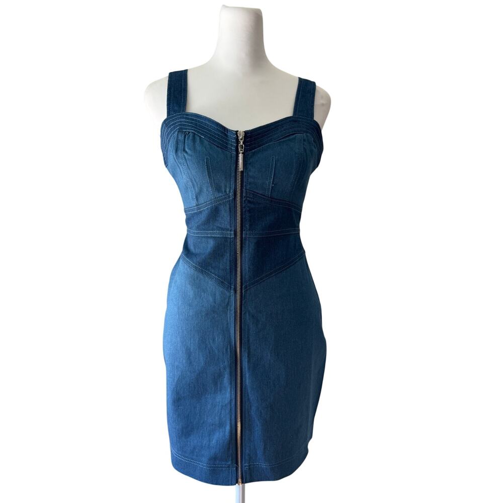 Betsey Johnson Blue Denim Full Zip Sweetheart Neck Bodycon Overall Mini Dress - Picture 3 of 10